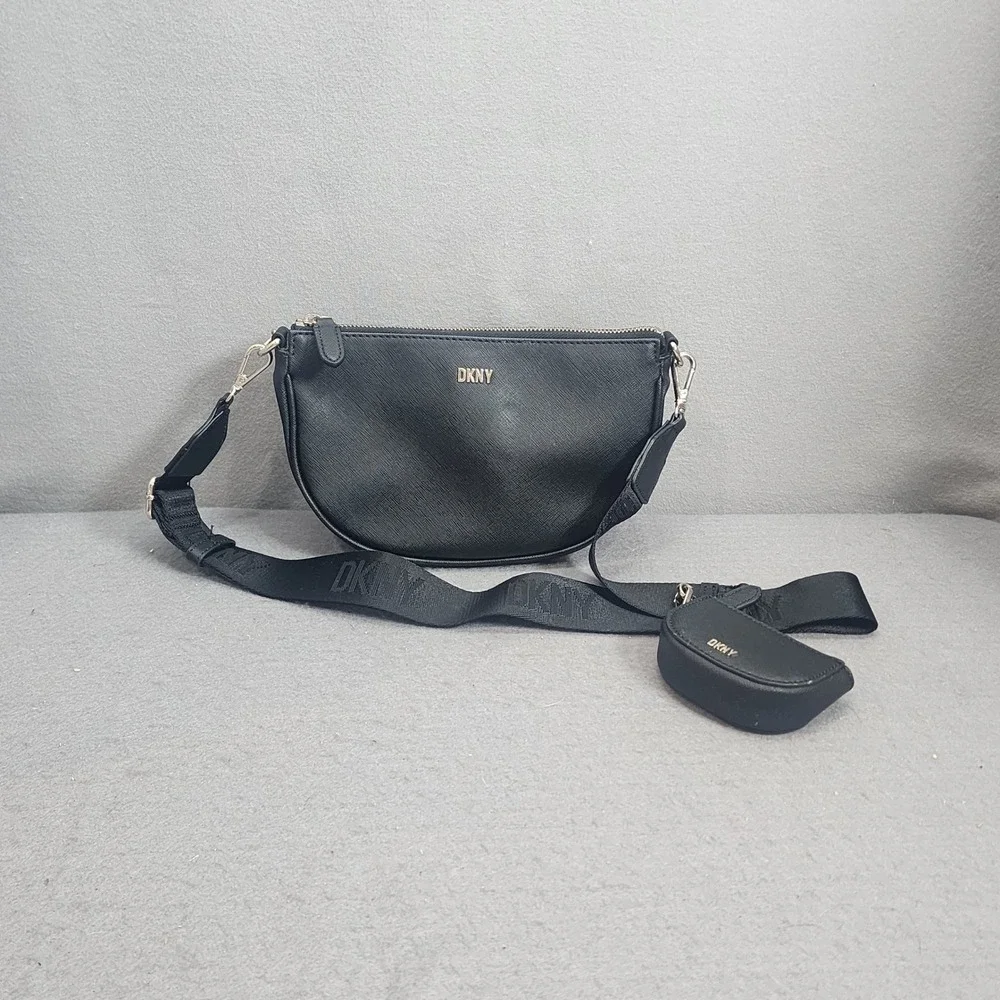 DKNY Crossbody Bag Black Saffiano Leather Logo Strap Coin Purse Womens Small